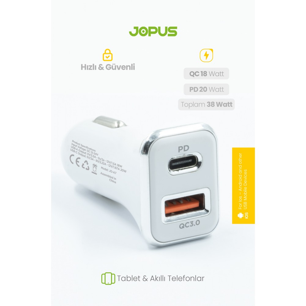 Jopus Universal JO-A7 Troff PD 3.0 20W USB / PD Qc 3.0 18W Araç Sarji