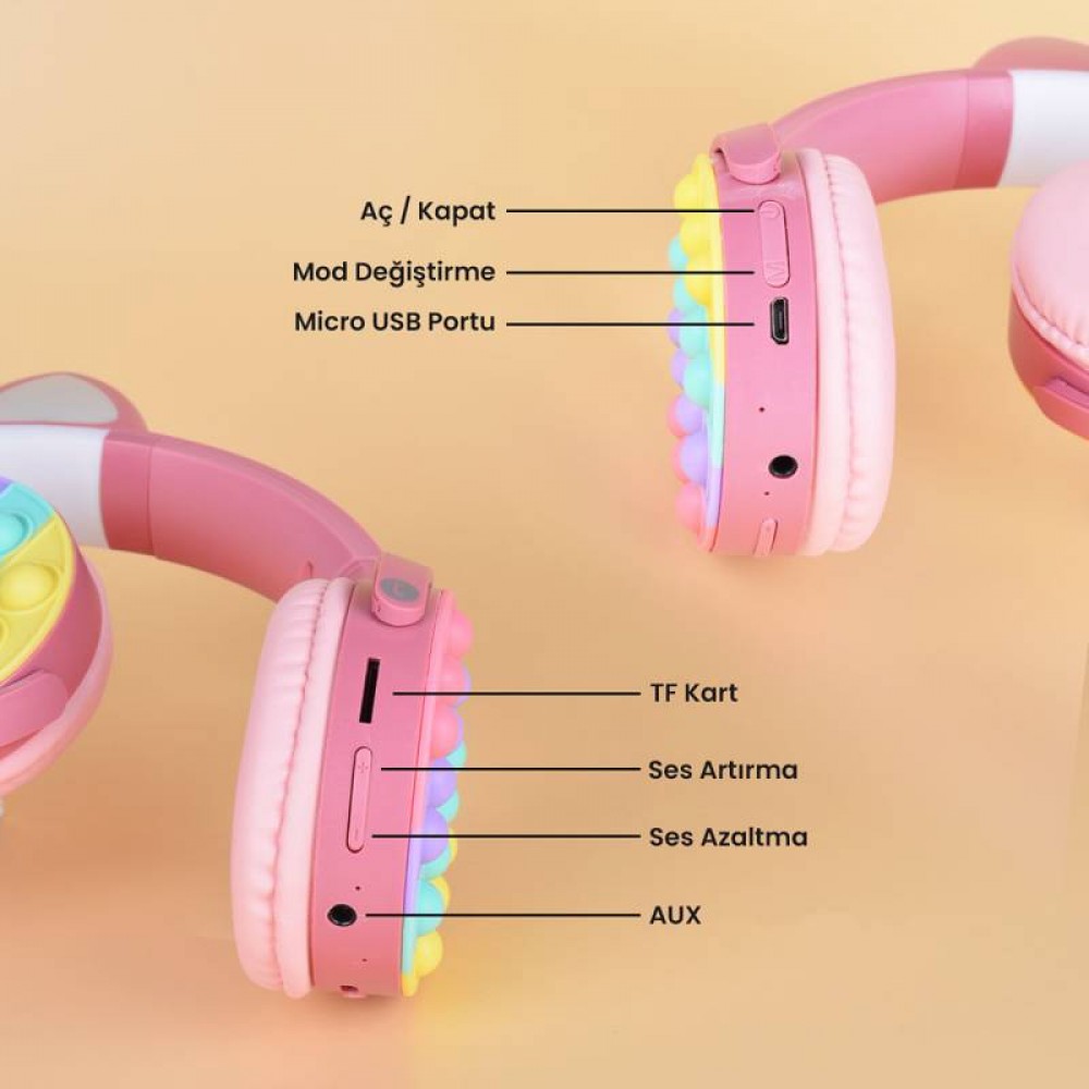 Zore CXT-950 RGB Led Işıklı Kedi Kulağı Band Tasarımı Ayarlanabilir Katlanabilir Kulak Üstü Bluetooth Kulaklık